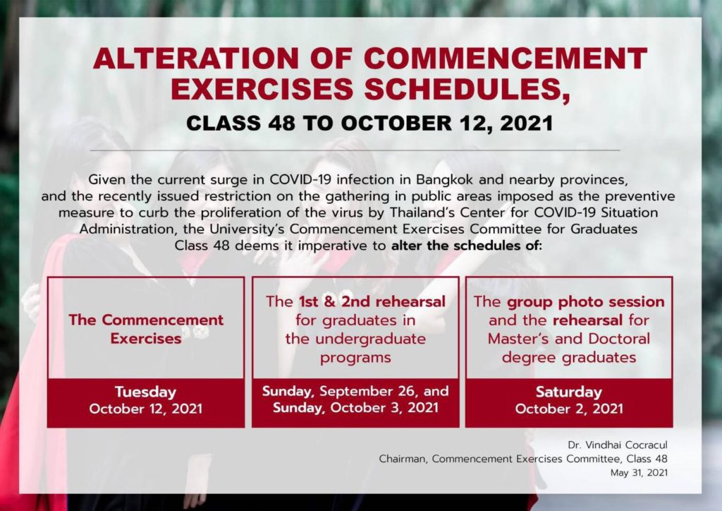 Alteration of Commencement Exercises Schedules for AU Graduates Class 48